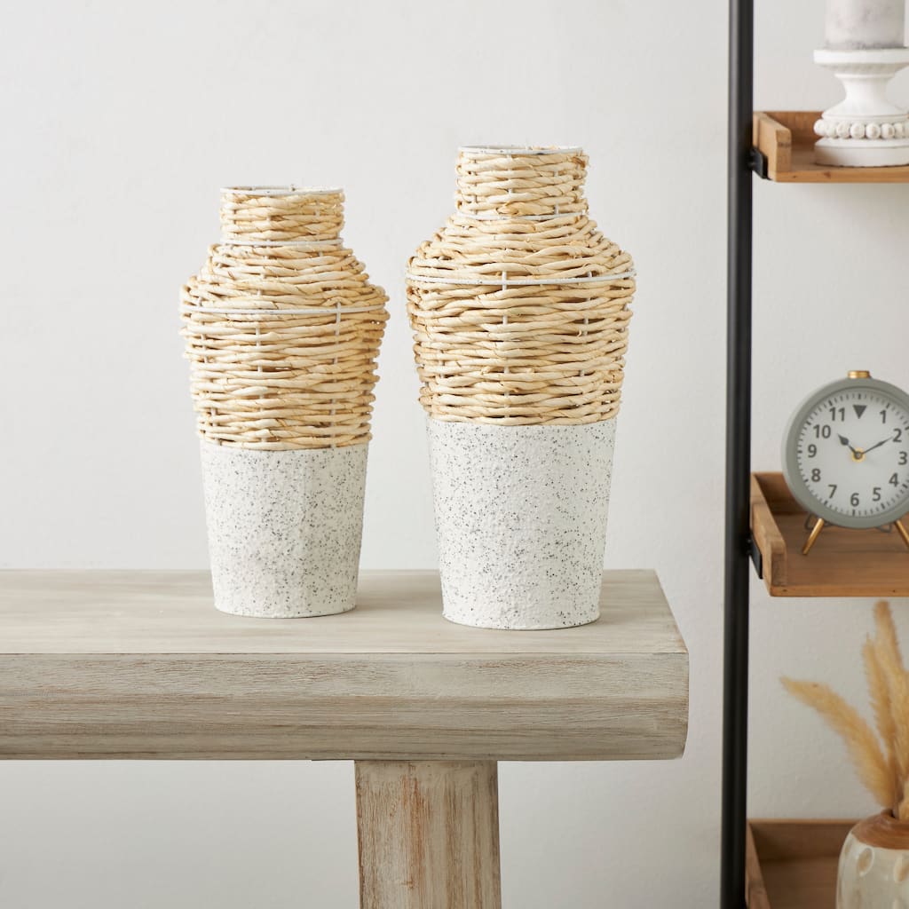 Brown Seagrass Woven Decorative Vase with Speckled Black and White Bases (Set of 2)