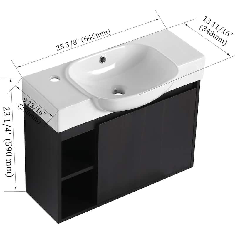 26'' Wall-Mounted Bathroom Vanity with White Ceramic Sink & Soft-Close Door