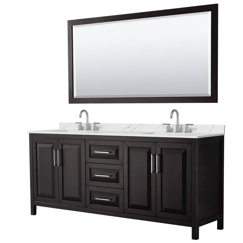 Daria 80-inch Double Vanity, 3 Hole Quartz Top, 70-inch Mirror - Dark Espresso, Chrome Trim, Giotto Quartz Top