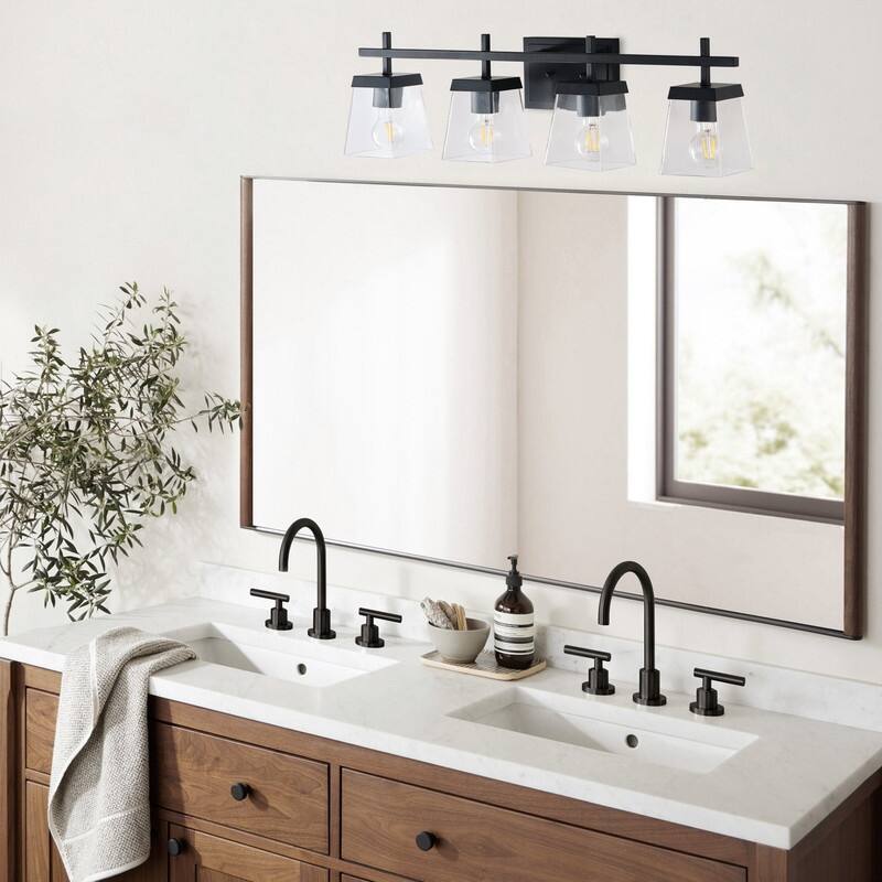 Industrial 4-Light Matte Black Vanity Light with Clear Glass Shades for Bathroom
