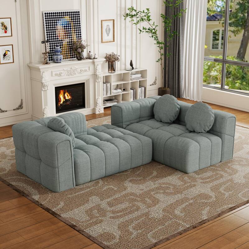 Blue Gray Foam+Spring 103" L-shaped Modular Sofa Set with 3 Pillows (Right side recliner)