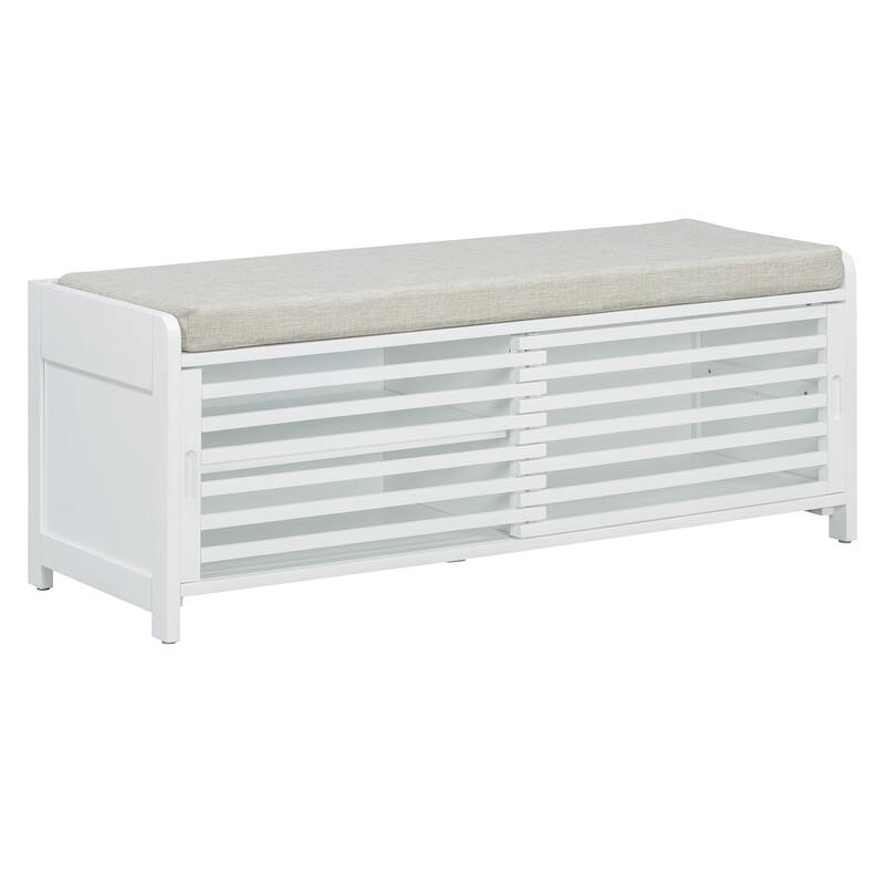 Entryway Bench Storage Shoe Bench w/ Cushion & Sliding Door, Shoe Cabinet Organizer for Living Room, 15.4" W x 43.3" D x 16.5" H