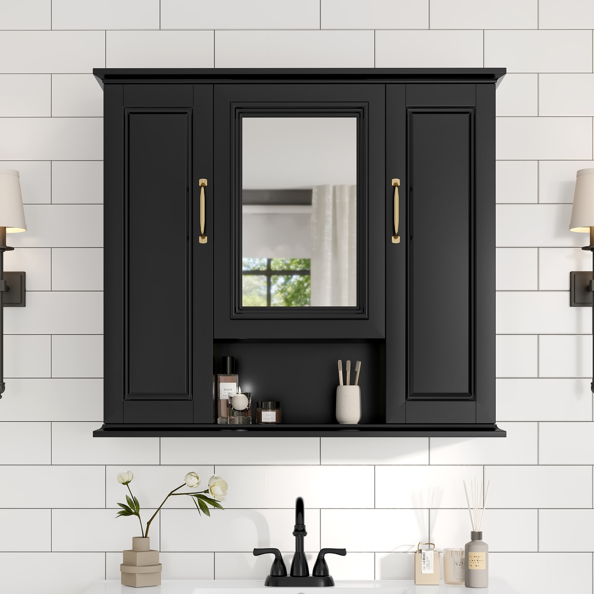 36" Medicine Cabinet, Wall Mounted Bathroom Storage Cabinet, Modern Bathroom Wall Cabinet with Mirror, Mirror Cabinet