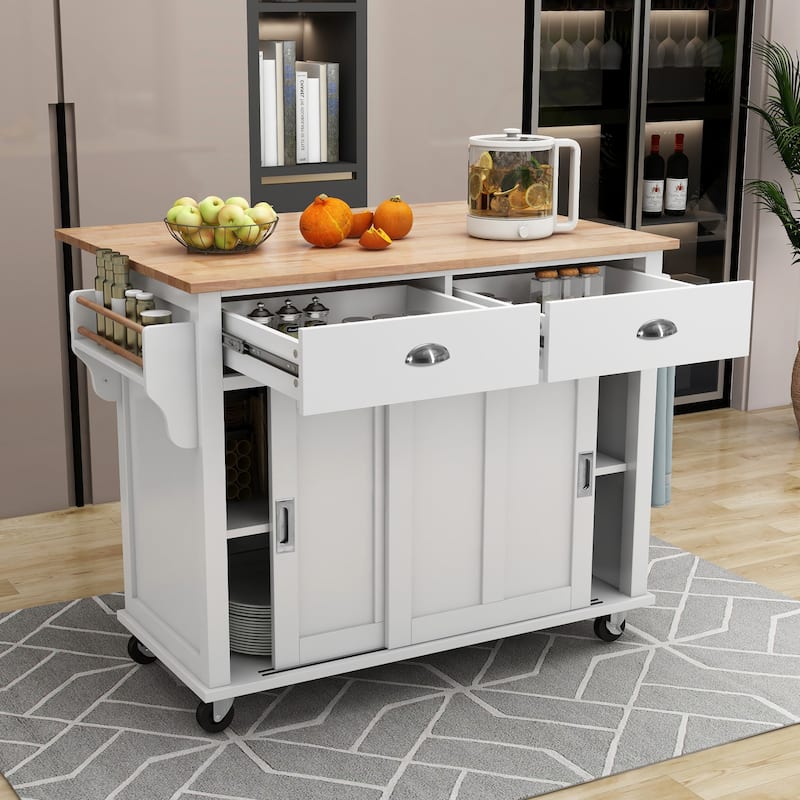 Kitchen Cart with Rubber wood Drop-Leaf Countertop
