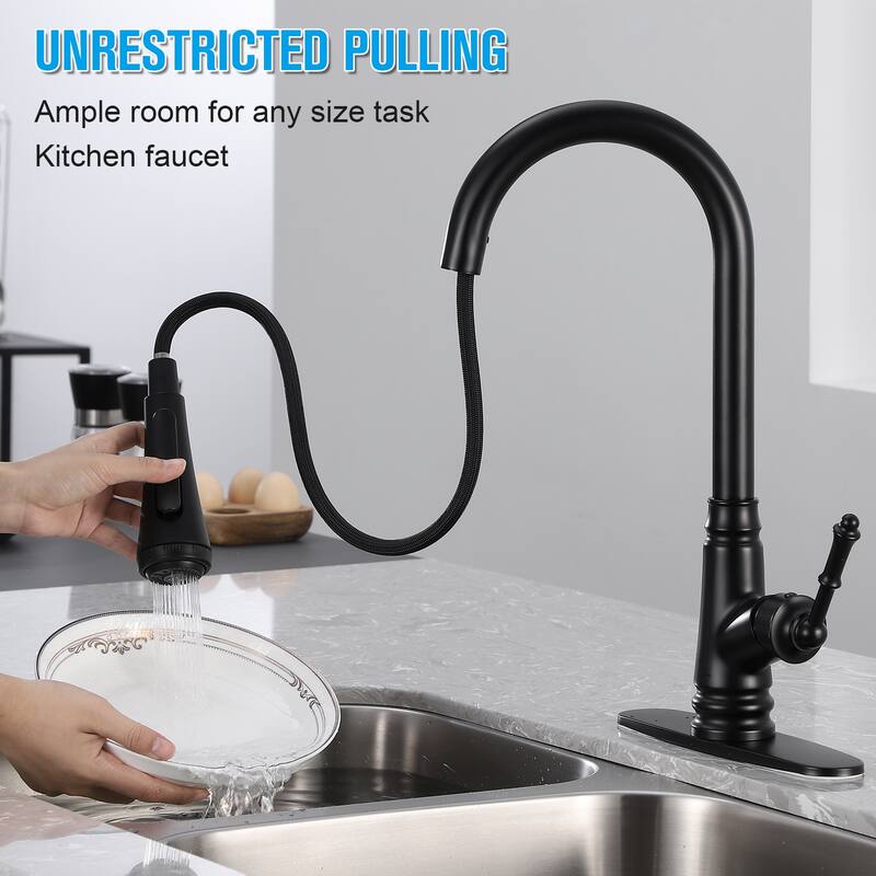 Single Handle Pull-out Kitchen Faucet with Deck Plate Matte Black