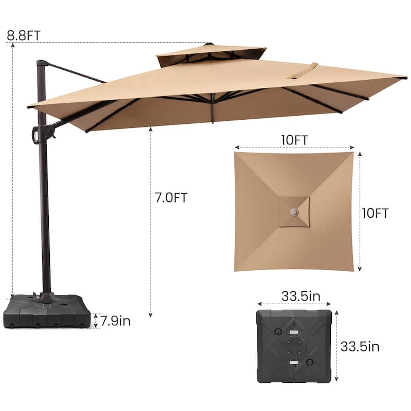 Outdoor Shade 10 x 10ft Double Top Square Patio Cantilever Umbrella with Weights Base