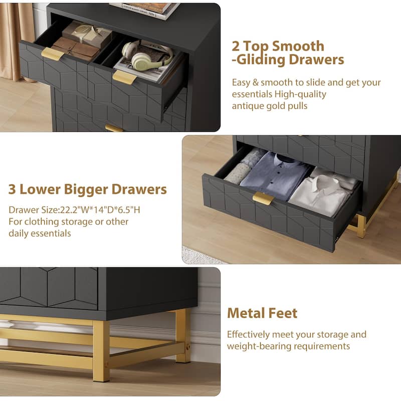 5 Drawer Dresser, Chest with Metal Base, Modern Organizer Cabinet for Bedroom, Living Room, Hallway