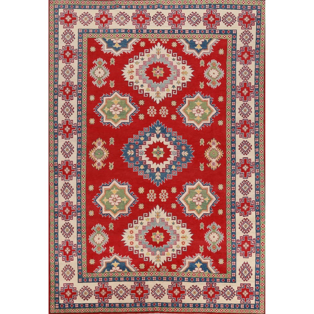 Hand Knotted Oriental 100% Wool Carpet Traditional Geometric Red Kazak Area Rug - 11' 0'' X 8' 2''