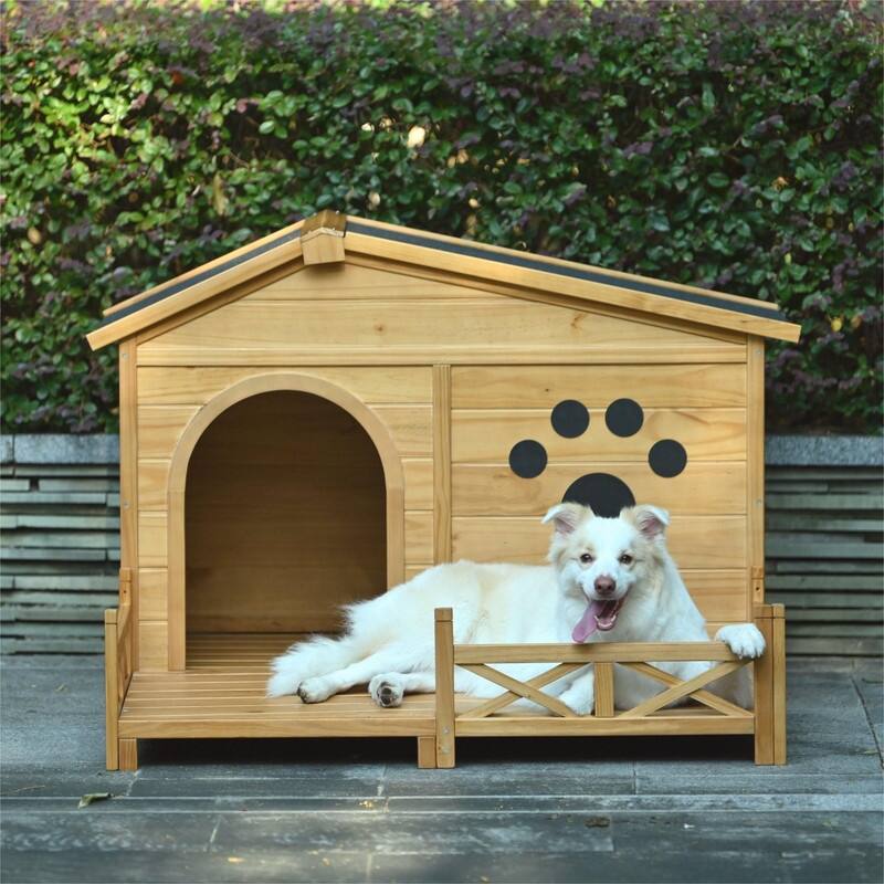 48" Wooden Dog House Outdoor with Porch,Dog Crate with Water-Resistant Asphalt Roof and Fencing