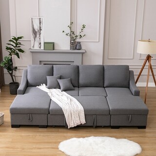 U-Shape Convertible Sectional Sofa with Double Storage Spaces, Grey