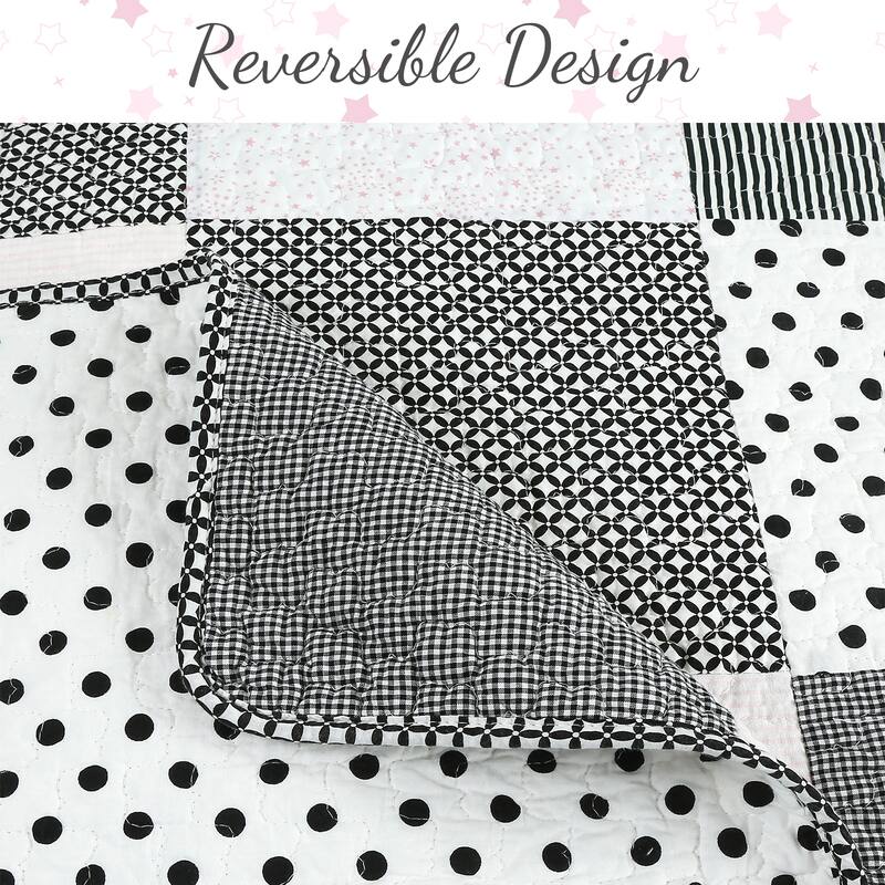 Cozy Line Halftone Black White & Subtle Pink Polka Dot Patchwork Cotton Quilt Bedding Set