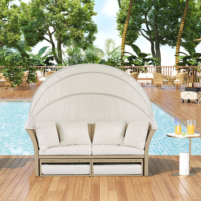 Wicker Rattan Outdoor Patio Double Daybed with Retractable Canopy and 4 Pillows, Convertible Loveseat/Sofa Set