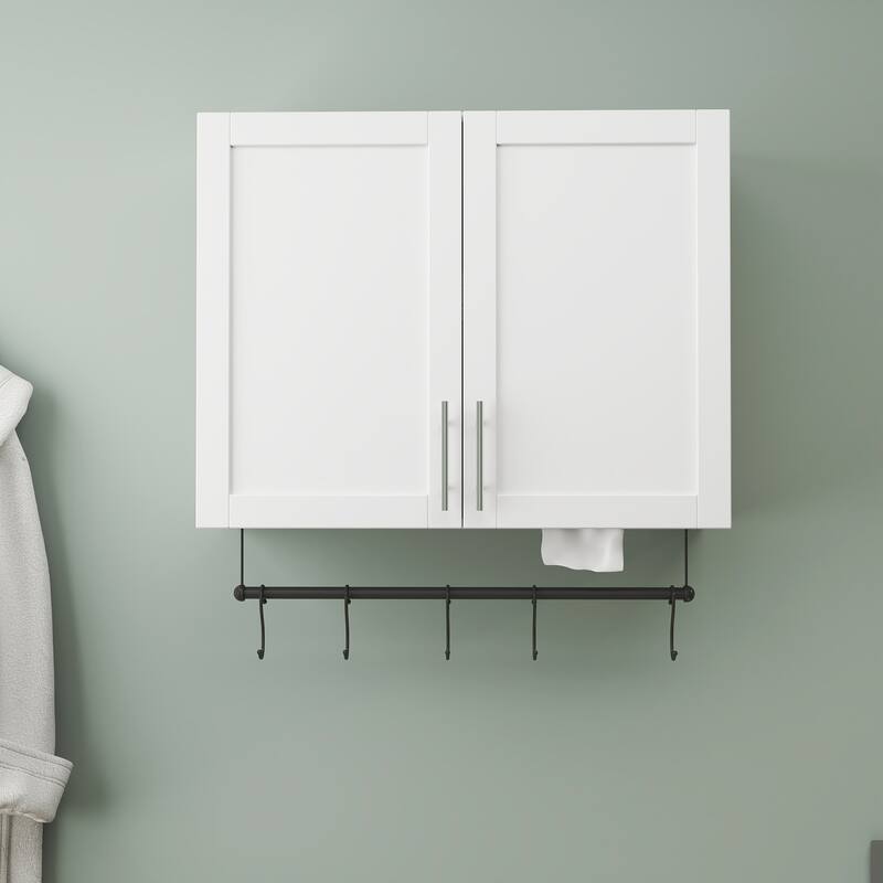 Roomfitters Bathroom Wall Cabinet with Adjustable Shelf, Towel Bar, and 5 Hooks, Over-The-Toilet Storage Cabinet, White