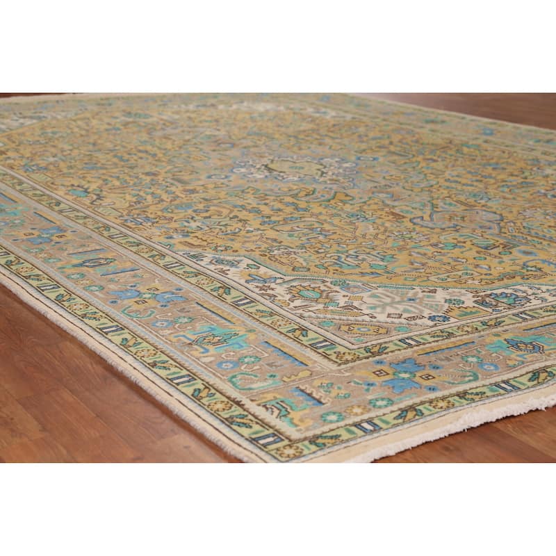 Hand Knotted Oriental 100% Wool Carpet Traditional Medallion Yellow & Gold Tabriz Area Rug - 11' 5'' X 8' 1''