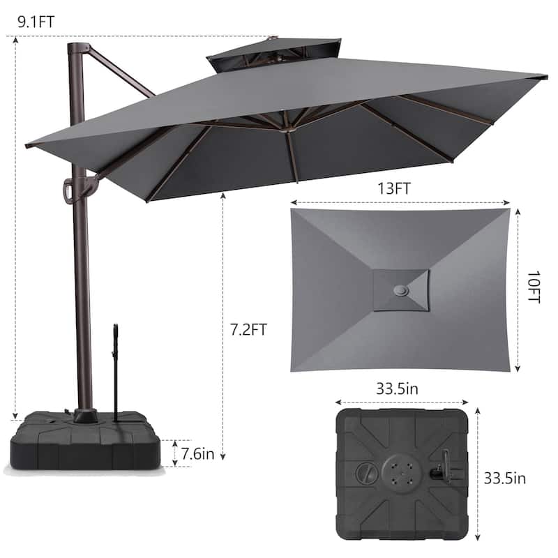 10 x 13 ft Outdoor Aluminum Double Top Patio Offset Cantilever Umbrella with Base