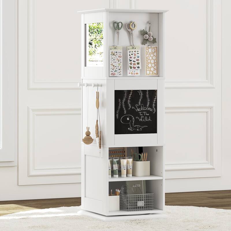 COSTARS Kids Rotating Bookshelf Tower, Revolving Bookcase with Blackboards and Hooks, Toy Storage Organizer