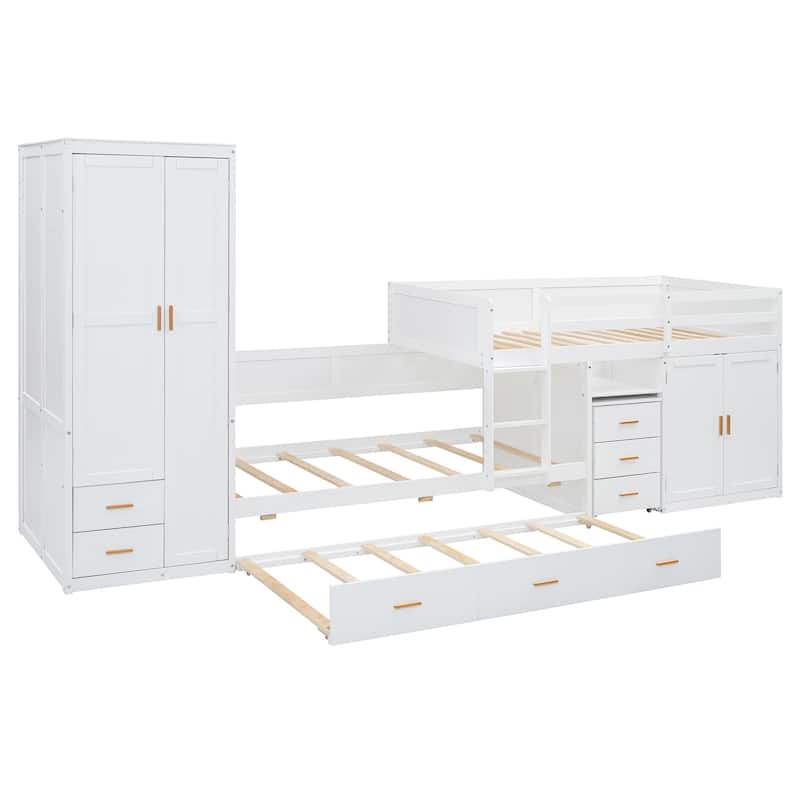 Twin Wooden Bunk Bed with Trundle, Cabinet, Wardrobe, Desk and Drawers, White