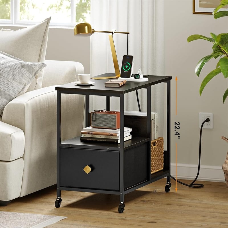 End Table with Charging Station - 13.78"D x 23.62"W x 22.4"H - Black