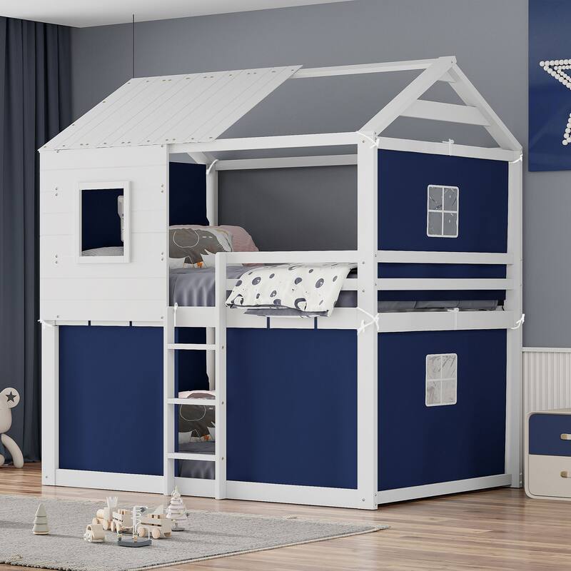 Playhouse Bed Floor Bunk Bed Kids Loft Bed with Tent
