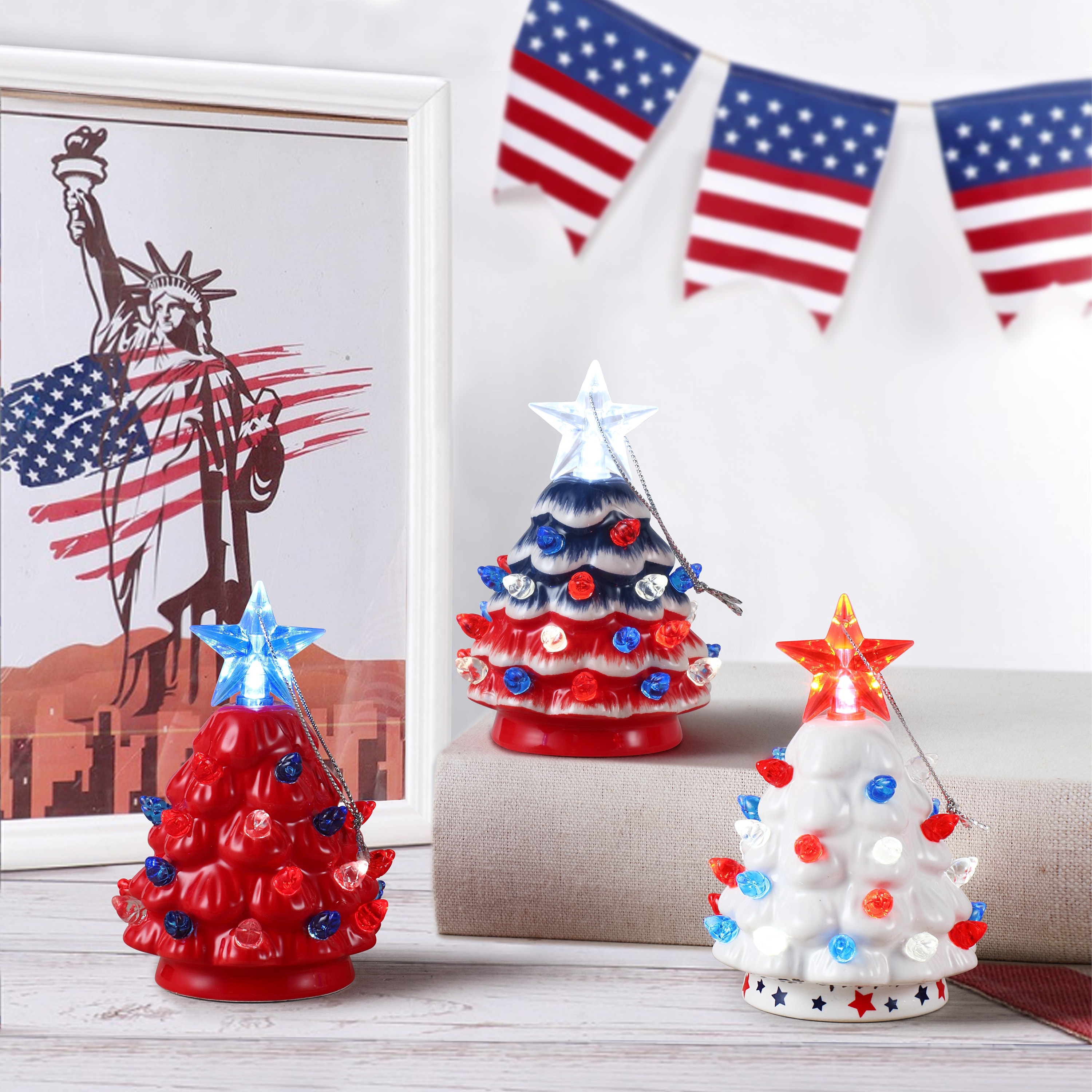 Mr. Christmas Set of 3 Mini Nostalgic Ceramic Patriotic Trees - On