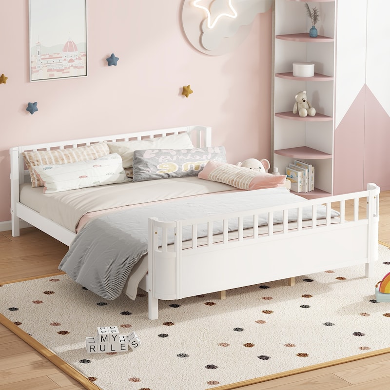 Multi Size Low Platform Bed for Kids with Rounded Corners Guardrails, Detachable Right-side Fence and Open Left-side Design