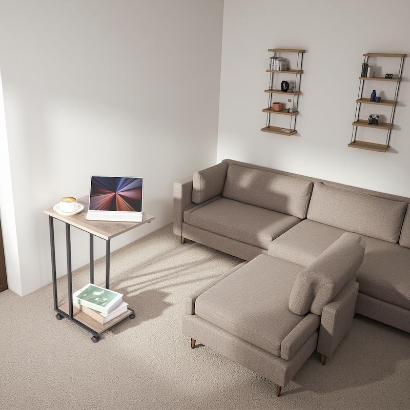 JJS Side End C Table for Sofa, Living Room Couch Table Snack Table That Slide Under for Small Spaces