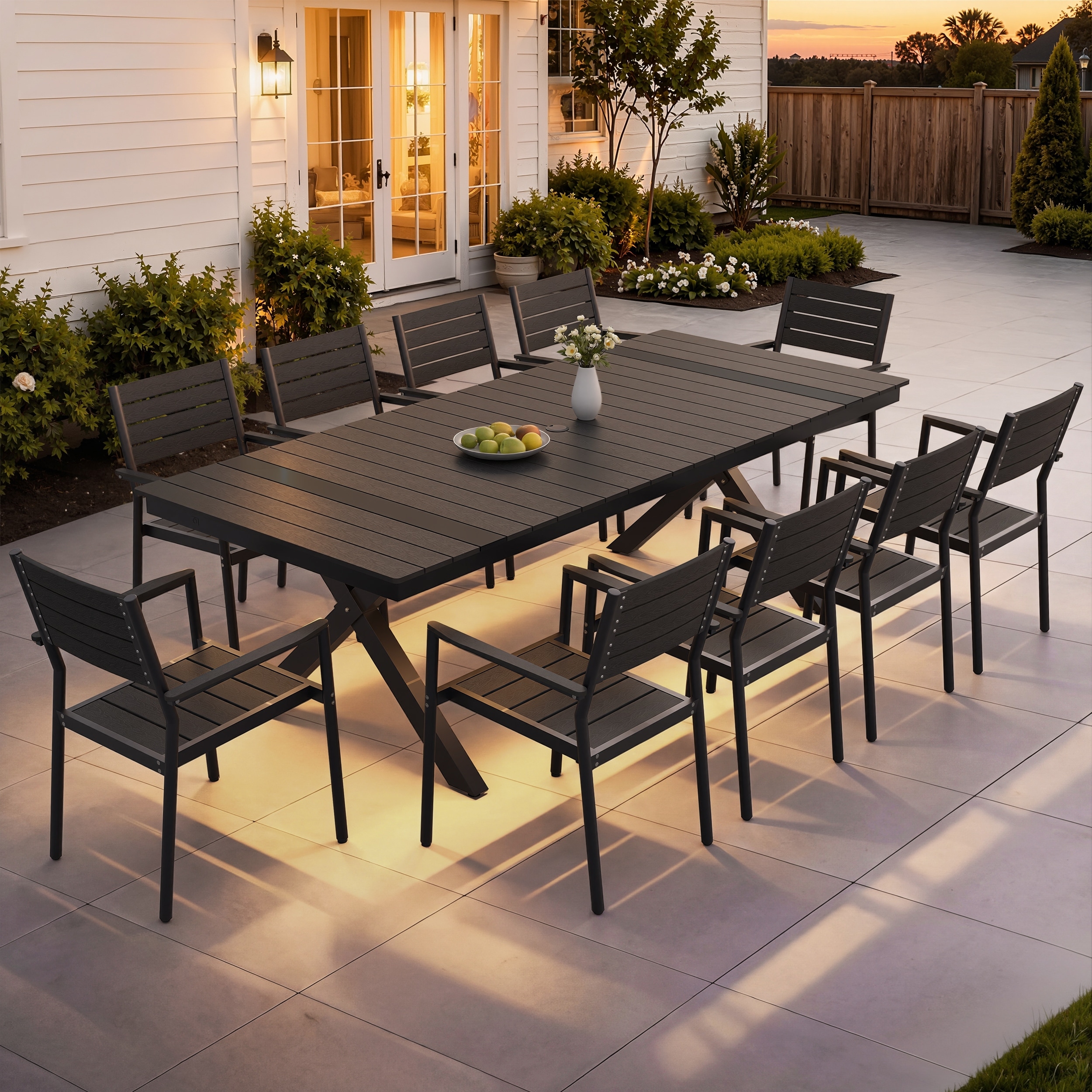 11-Piece Outdoor Patio Dining Set LED Lights Aluminum X-Shaped Dining Table with Umbrella Hole and Stackable Chairs