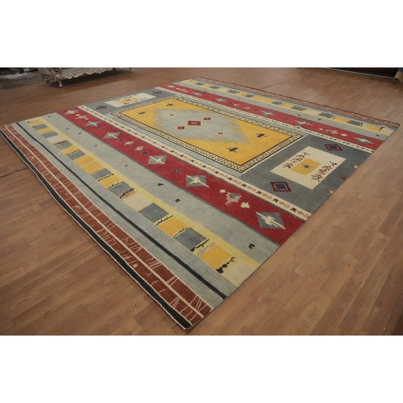 Square Wool Gabbeh Vegetable Dye Large Rug Handmade Wool Carpet - 12' 4'' X 12' 3''