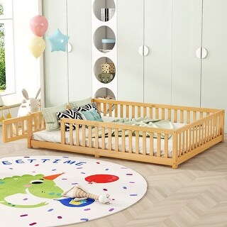 Queen Size Pine Wood Floor Bed with Safety Guardrails and Door for Kids