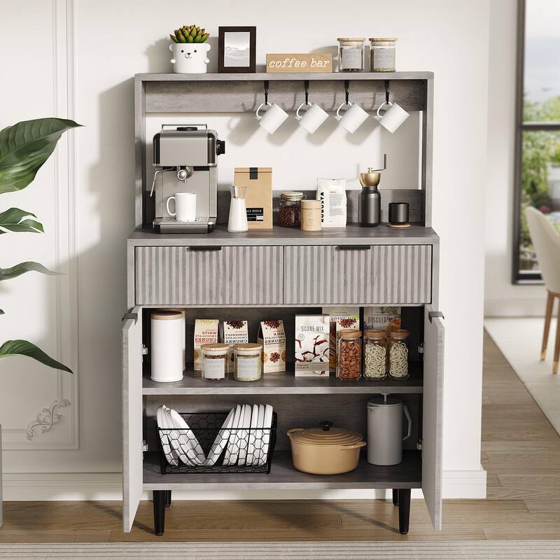 Fluted Sideboard Buffet Cabinet with Storage, Modern Coffee Bar Cabinet with 2 Drawers & Adjustable Shelves - Grey