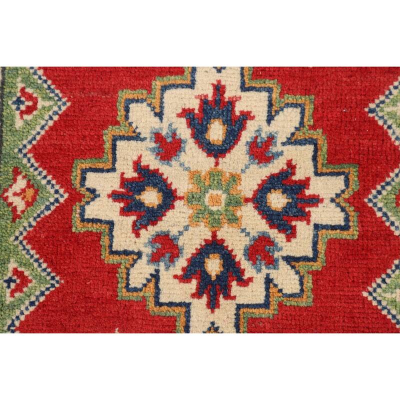 Kazak Foyer Rug Hand-Knotted Red Geometric Wool Carpet - 2'6" x 4'1"