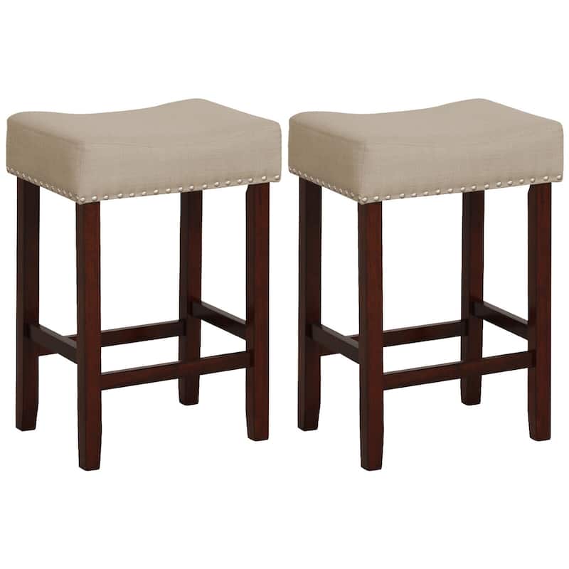 Set of 2 Backless Saddle Bar Stools with Linen Cushions and Rubber Wood Legs for Counter - 17" x 13" x 24" (L x W x H) - Beige