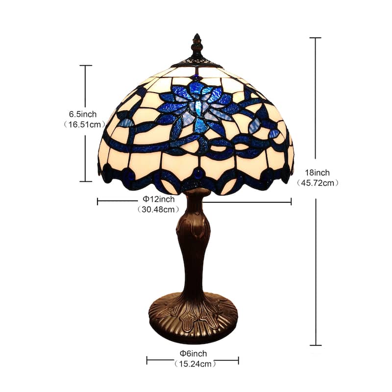 Gracie 12-inch Blue/White Flower Design Stained Glass/Bronze Tiffany-Style Table Lamp