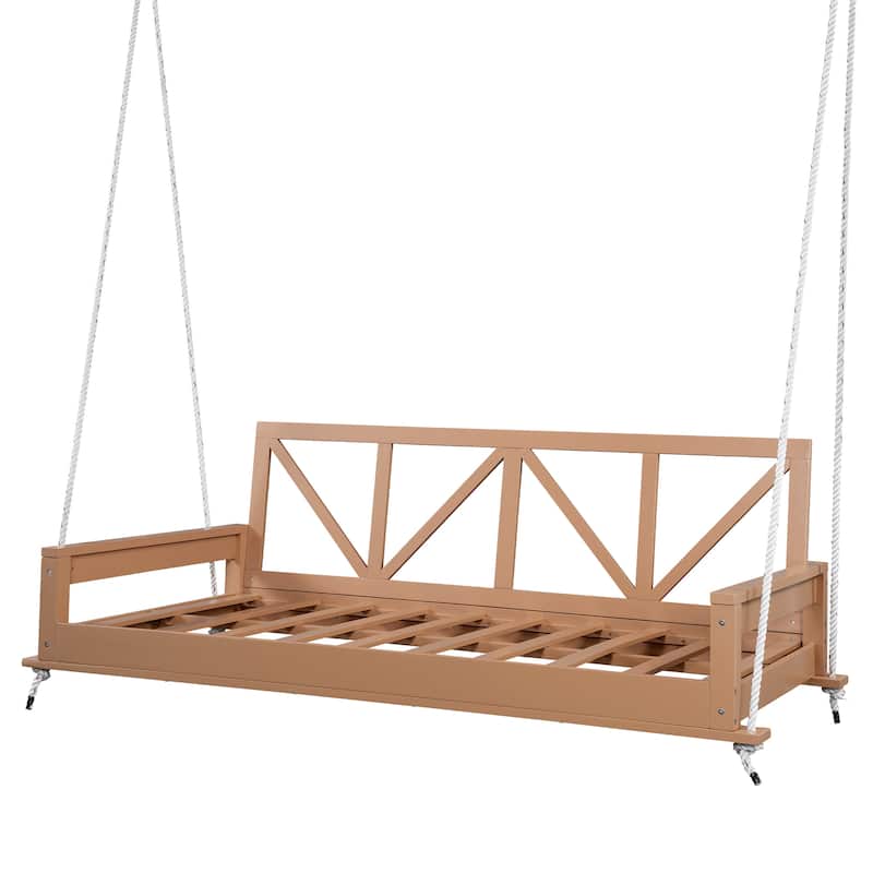 Wood Twin Size Patio Hanging Swing with Hemp Ropes (No Cushion,Pillow)