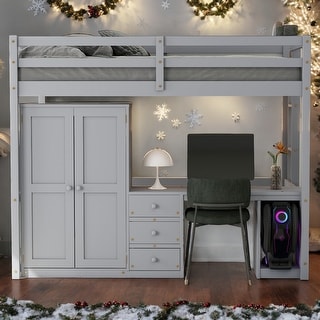 Full Size Loft Bed with Wardrobe, Desk and Storage Drawers, Grey