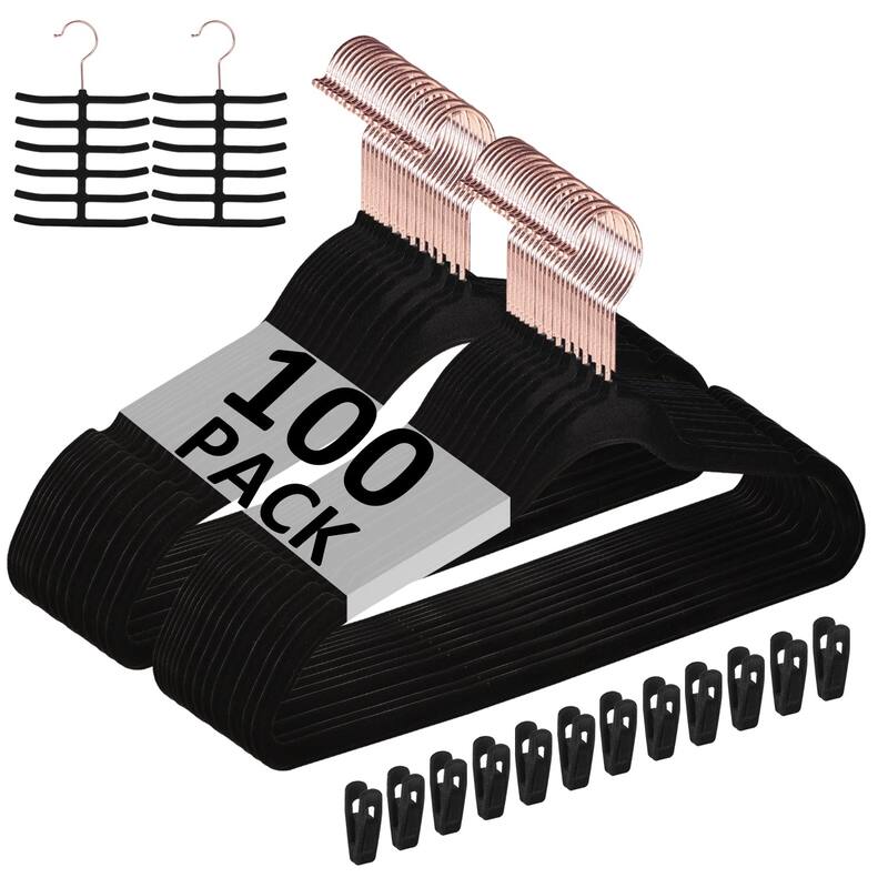 Javlergo 50/100 Pack Velvet Hangers, Heavy Duty Non Slip & Space-Saving Cloth Hangers with 6 Finger Clips & Tie Rack