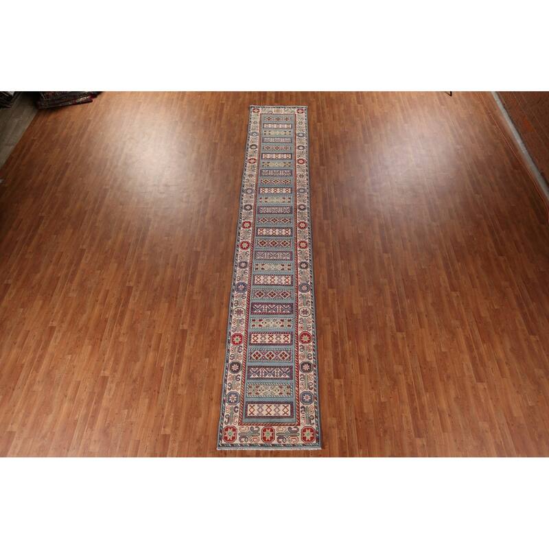 Light Blue Kazak Oriental Runner Rug Handmade Wool Carpet - 3'0" x 16'5"