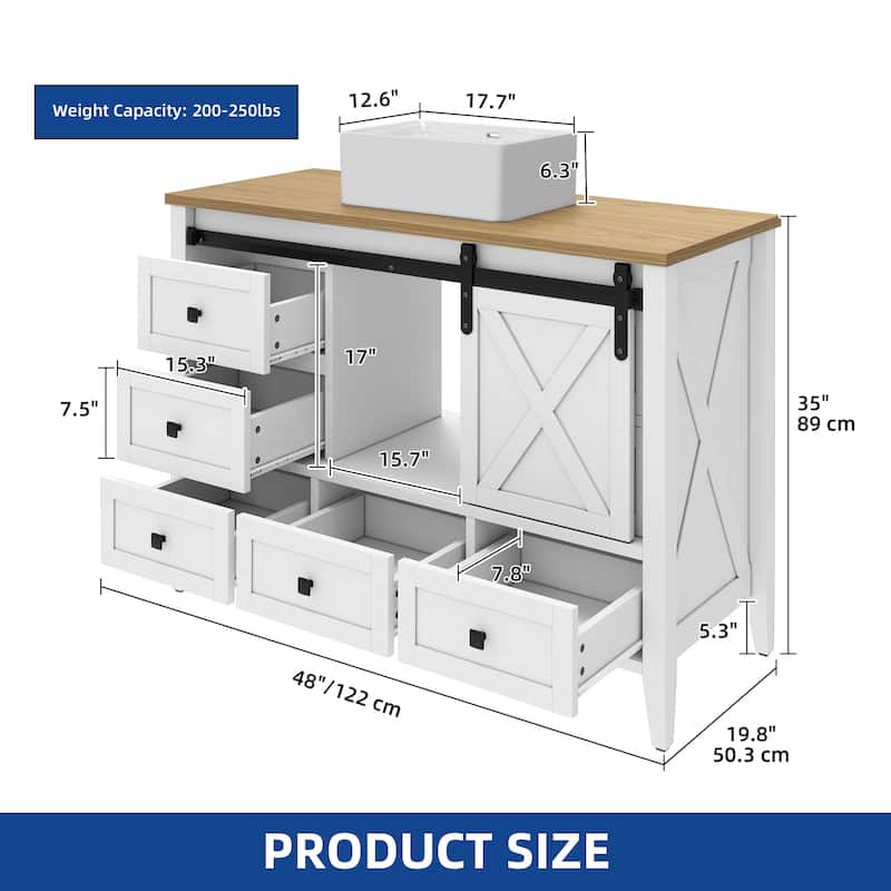 Moasis 48" Farmhouse Bathroom Vanity Cabinet with Ceramic Sink Basin and Sliding-Door Cabinet & 7 Drawers