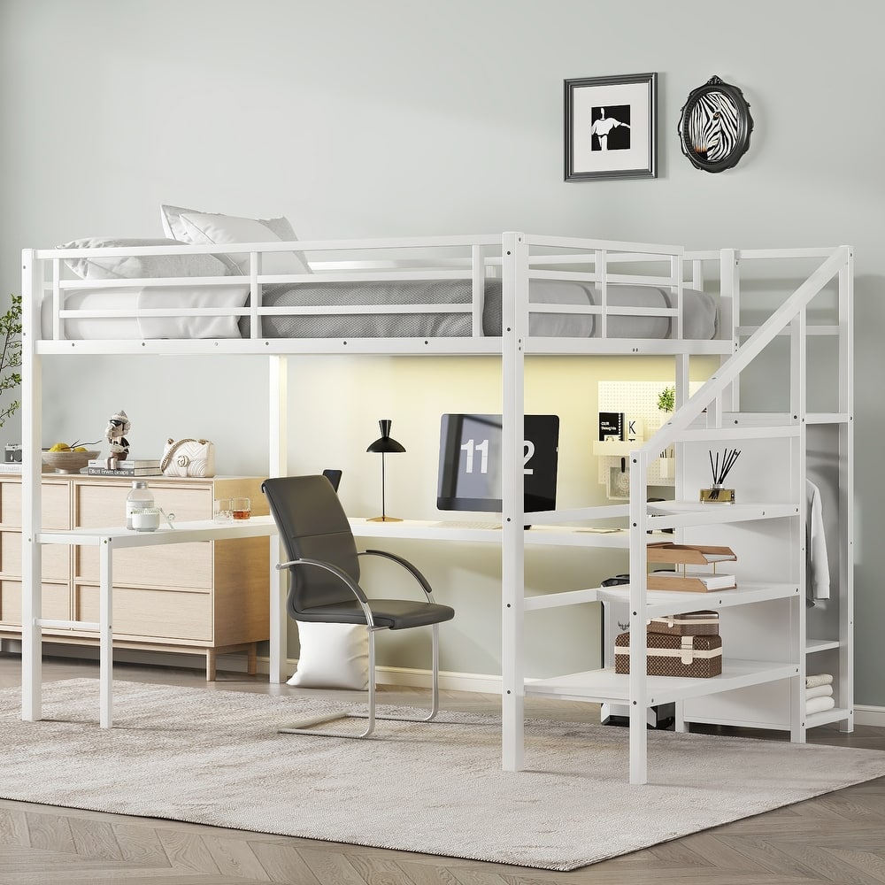 GDFStudio - Weston Loft Bed with L-shaped Desk and USB, Metal Loft Bed with smart necessaries for Kids Teens Adults