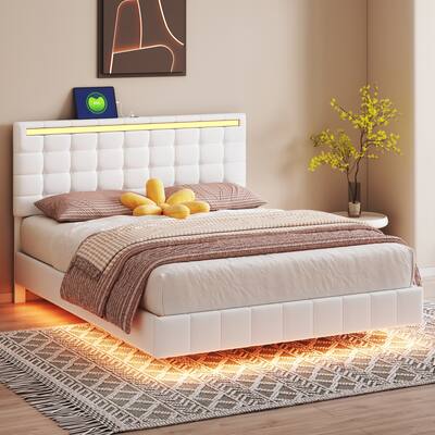 Queen Size Floating Bed Frame with LED Lights and USB Charging, Modern Upholstered Platform LED Bed Frame, White