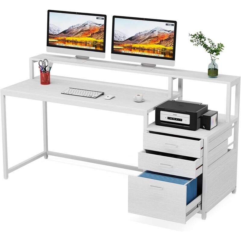 Ergonomic Computer Desk with Elevated Monitor Stand Two Tier Desktop and File Cabinet Sturdy - White