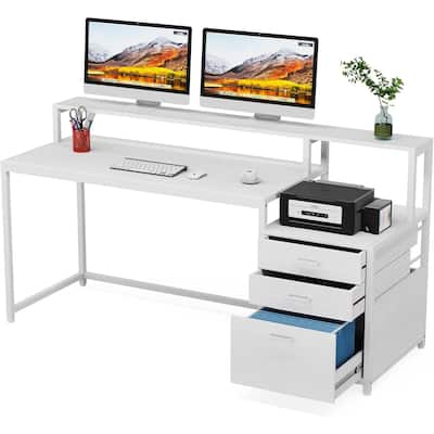 Ergonomic Computer Desk with Elevated Monitor Stand Two Tier Desktop and File Cabinet Sturdy