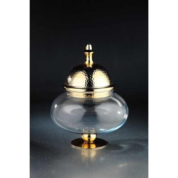 16.5" Clear Hand Blown Round Glass Jar with Gold Pedestal and Finial Lid - N/A