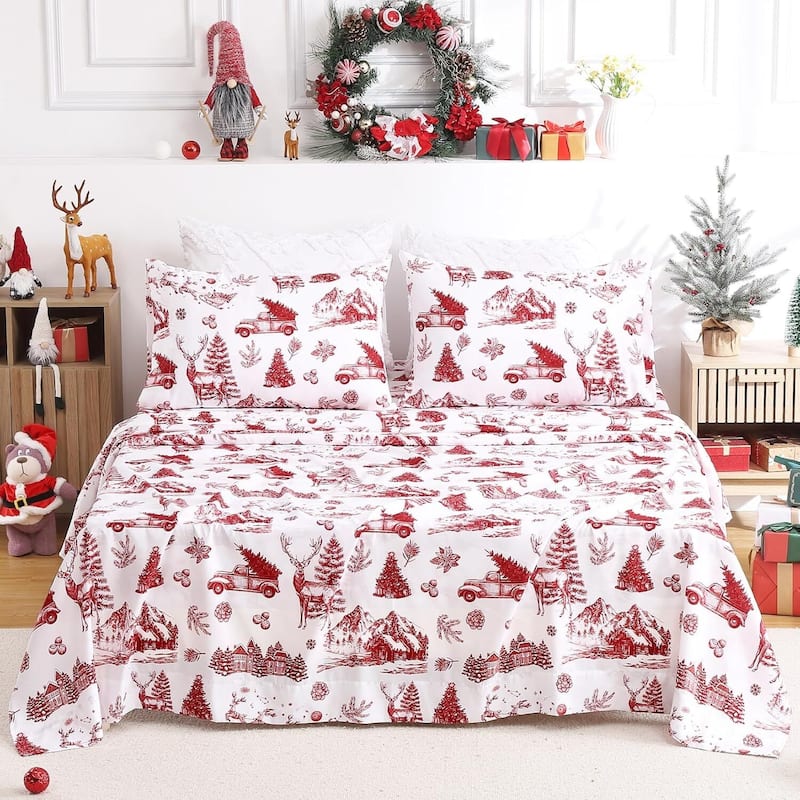 Christmas Red Boho Holiday Bed Sheets Set with 16 Inches Deep Pocket - King