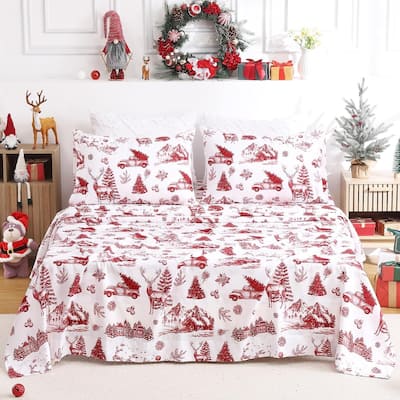 Christmas Red Boho Holiday Bed Sheets Set with 16 Inches Deep Pocket
