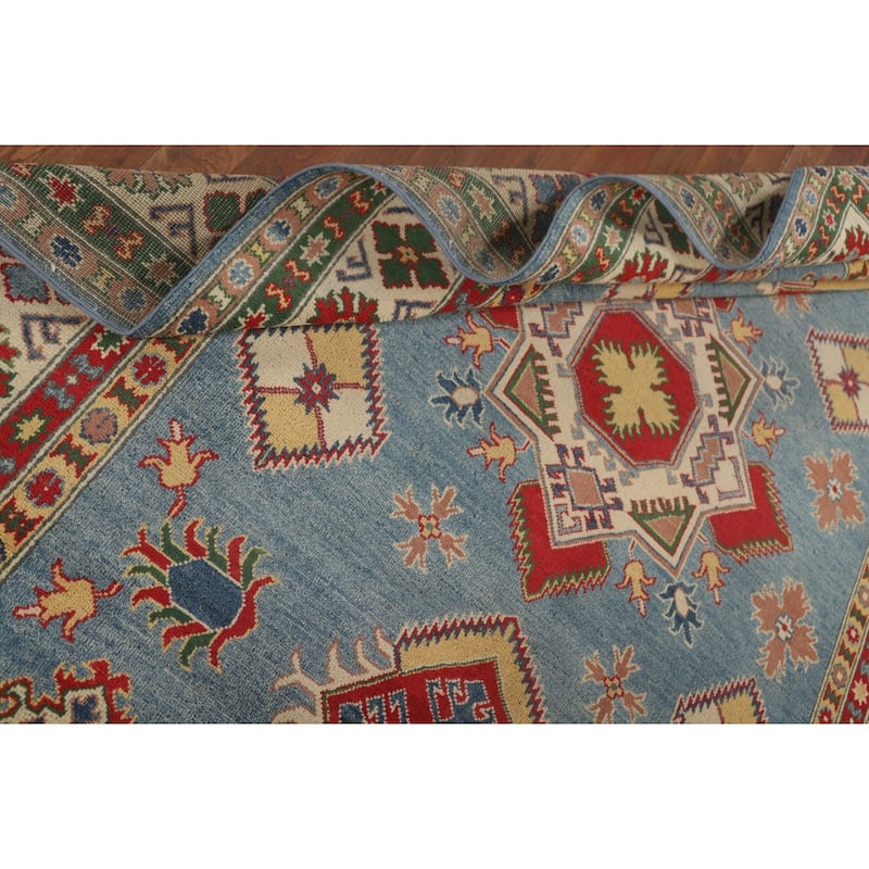 Blue Geometric Kazak Area Rug Hand-Knotted Traditional Wool Carpet - 6'8" x 9'9"