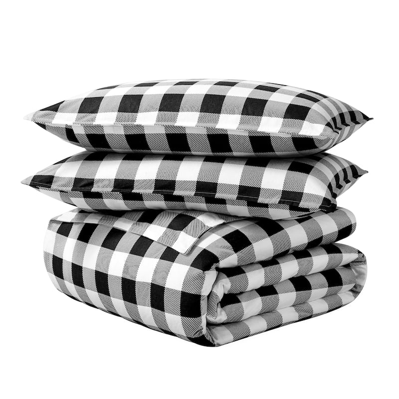 Bare Home Cotton Flannel Duvet Cover and Sham Set - Buffalo Plaid - White/Black - King