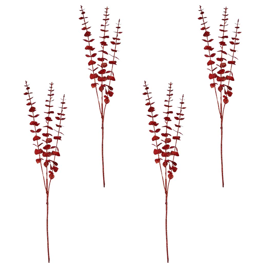 26" Glitter Eucalyptus Spray, Red, Set of 4 - Red