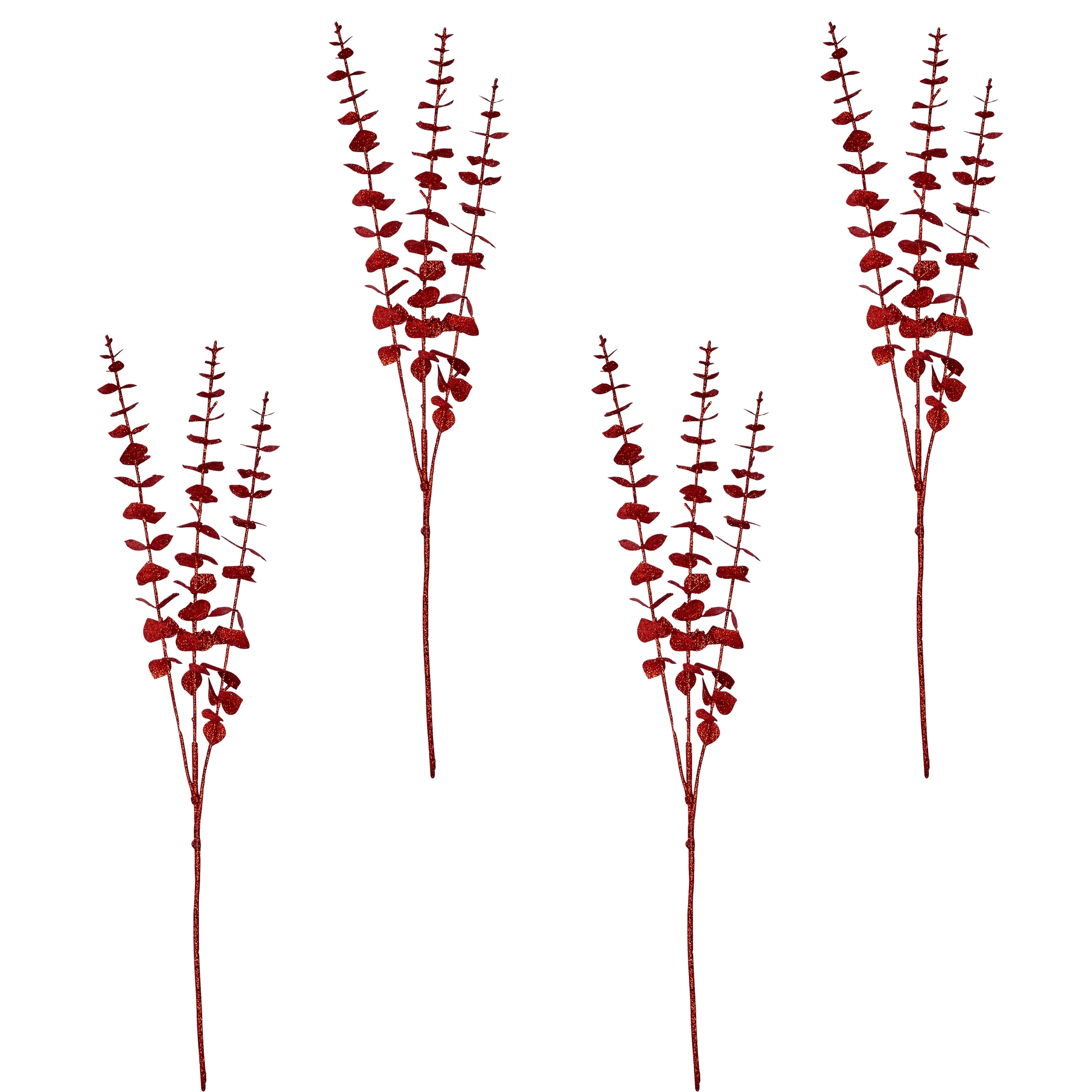 26" Glitter Eucalyptus Spray, Red, Set of 4 - Red