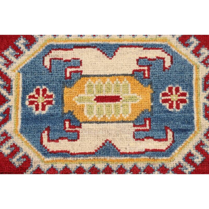 Red Geometric Kazak Foyer Rug Handmade Wool Carpet - 2'8" x 4'3"
